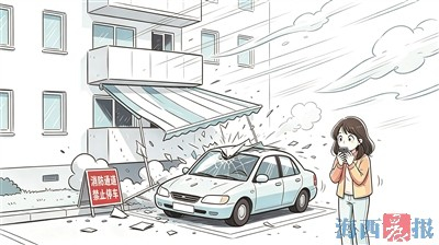 大风吹落雨棚砸坏楼下汽车